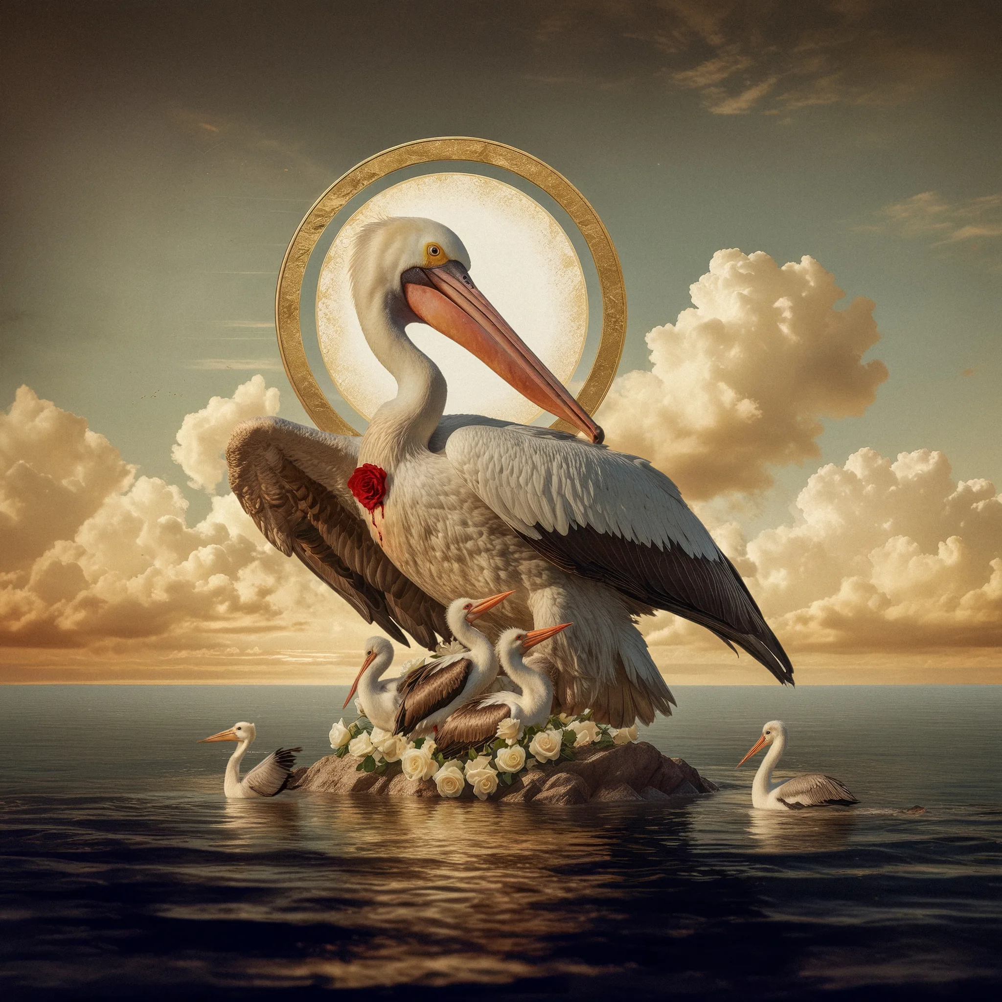 El Pelicano y la Rosa: Una representación esotérica del sacrificio y el amor desinteresado, donde el pelícano alimenta a sus crías con su propia carne, simbolizando la compasión y la entrega total